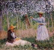 Claude Monet Suzanne Reading and Blanche Painting by the Marsh at Giverny oil painting on canvas